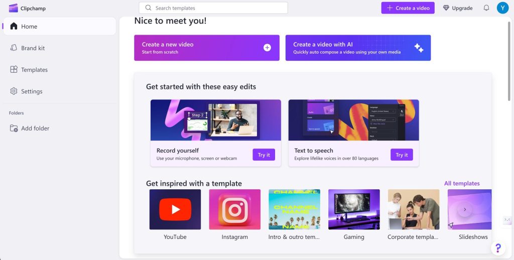 Clipchamp Video Editing Homepage